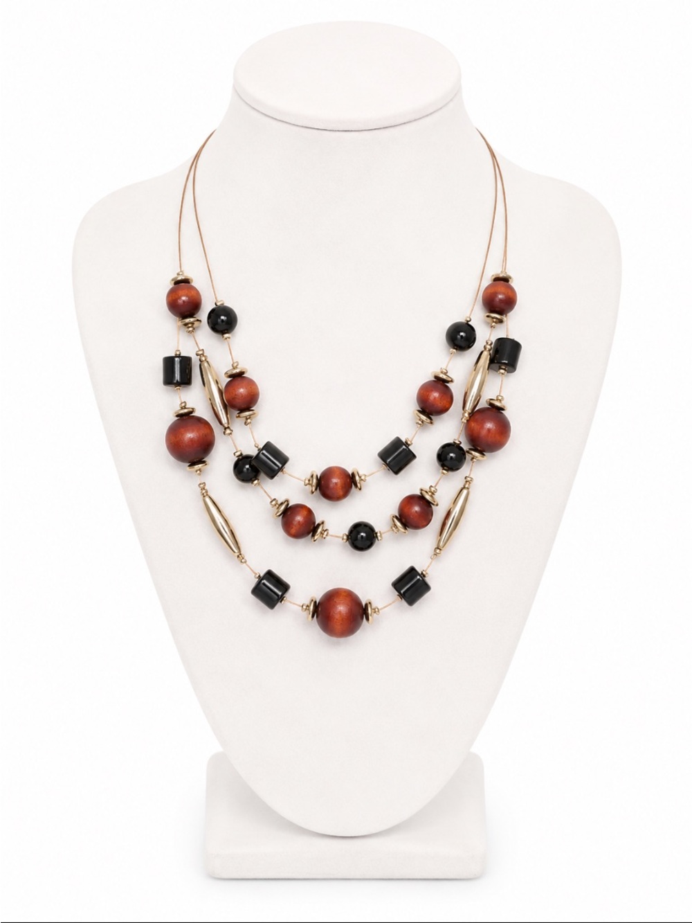 CHICO’s Multi-Strand Wood & Black Beaded Statement Necklace Gold Tone